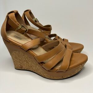 UGG Tan Cork Bottom Boho Chic Platform Open Toe Wedge Size 10